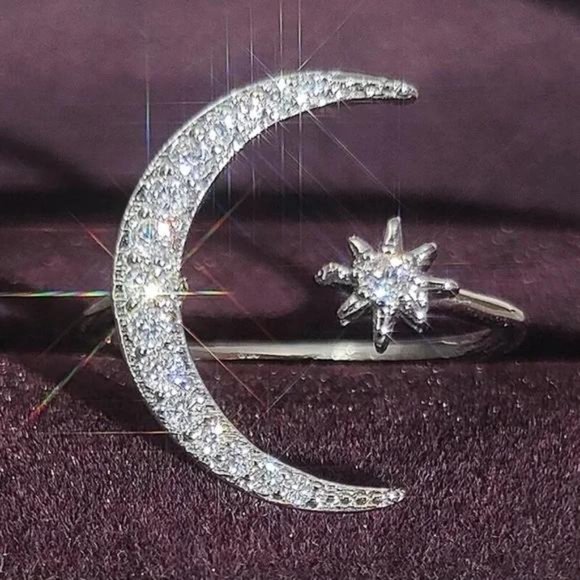 Jewelry - NEW MOON STAR 925 STERLING SILVER DIAMOND ADJUSTABLE RING, CUTE RING, SHINY RING